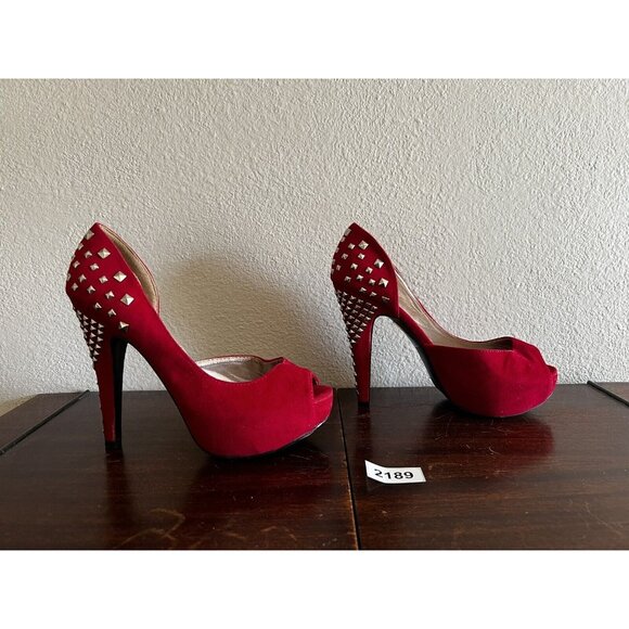 Dots Womens Platform Heels Women 7.5M Red Studded Peep Toe Vegan Fabric - Picture 3 of 12